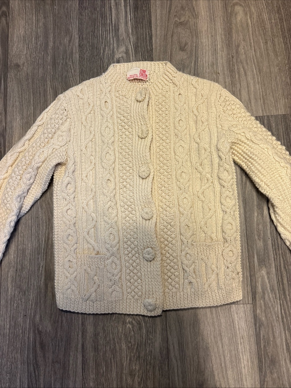 Vintage Cyril Cullen Handknit Irish Aran Wool Fisherman Cabled Cardigan Sz Sm.